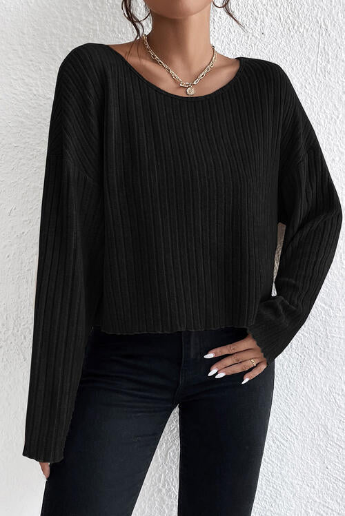 Ribbed Round Neck Drop Shoulder Long Sleeve Top Black clothes long sleeve shirt long sleeve shirts long sleeve top long sleeve tops Ship From Overseas shirt shirts Sweater sweaters SYNZ top tops