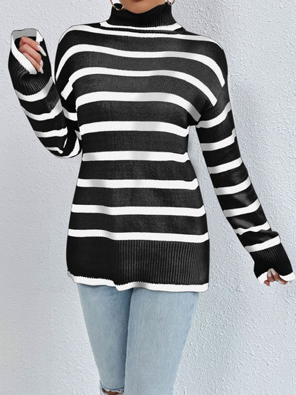 TastyHottie - Striped Turtleneck Drop Shoulder Sweater