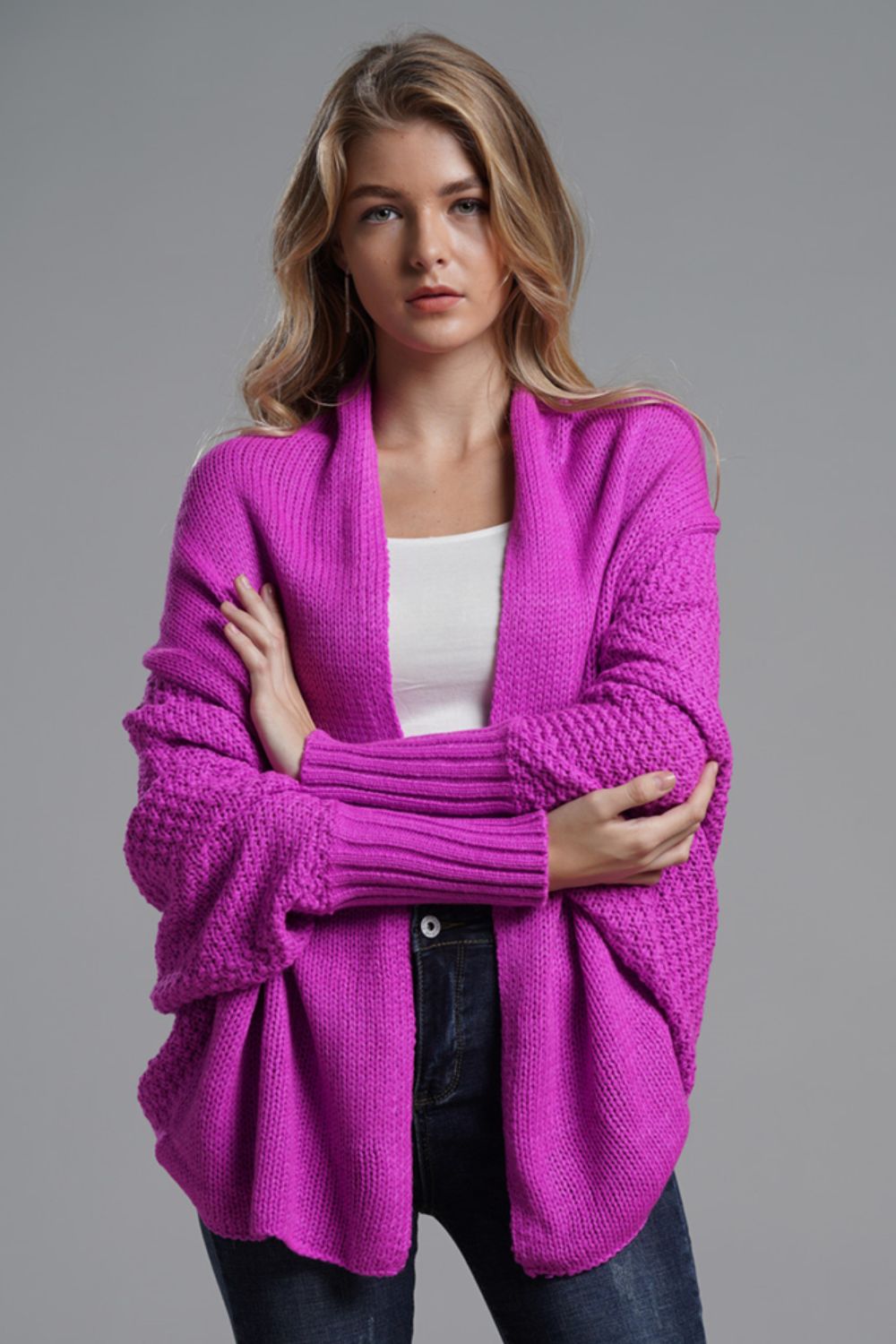 Double Take Dolman Sleeve Open Front Ribbed Trim Longline Cardigan Fuchsia One Size cardigan cardigans clothes Double Take Ship From Overseas sweaters