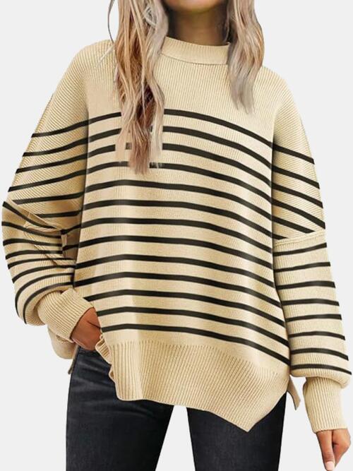 Round Neck Drop Shoulder Slit Sweater Apricot/Black clothes R.T.S.C Ship From Overseas Sweater sweaters Sweatshirt