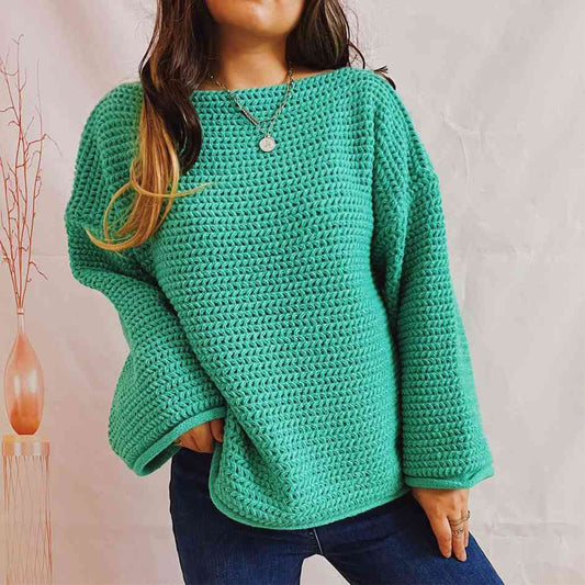 Openwork Boat Neck Long Sleeve Sweater Mid Green clothes S.X Ship From Overseas sweater sweaters