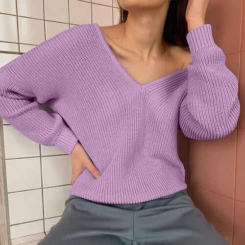 V-Neck Dropped Shoulder Long Sleeve Sweater Lavender clothes Ship From Overseas Sweater sweaters Sweatshirt T*Y