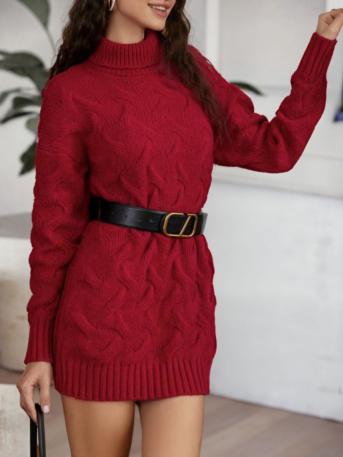 Cable-Knit Turtleneck Sweater Dress Wine clothes Ship From Overseas Shipping Delay 10/01/2023 - 10/02/2023 Sweater sweaters Y*X