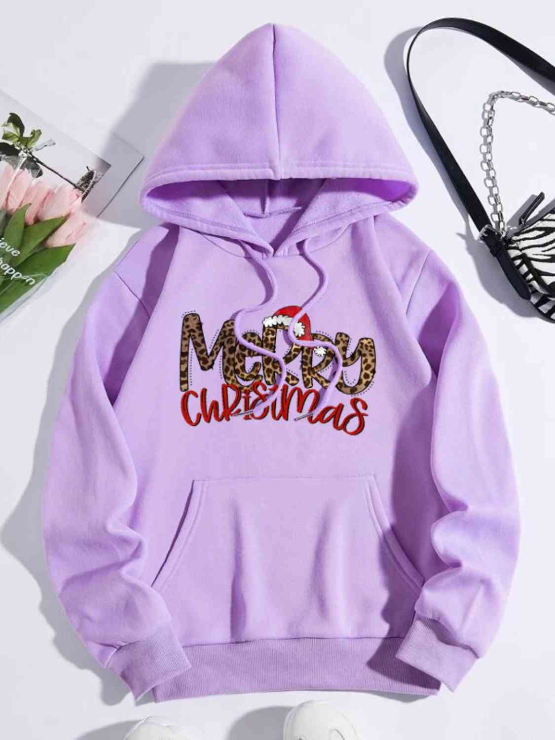 MERRY CHRISTMAS Graphic Drawstring Hoodie Lavender Christmas christmas sweater clothes E@M@E Ship From Overseas