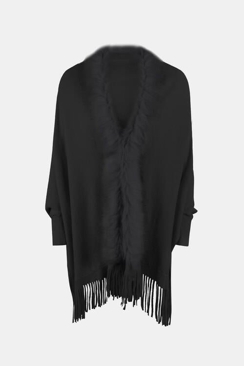 Fringe Open Front Long Sleeve Poncho Black One Size clothes Drizzle Ship From Overseas sweaters