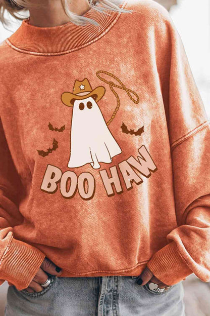 TastyHottie - BOO HAW Ghost Graphic Dropped Shoulder Round Neck Sweatshirt