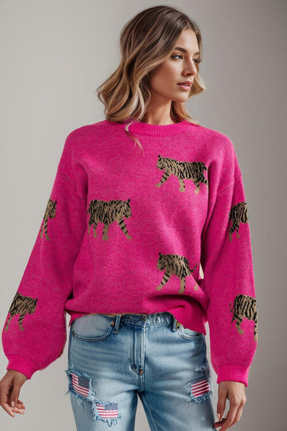 TastyHottie - Tiger Pattern Round Neck Drop Shoulder Sweater