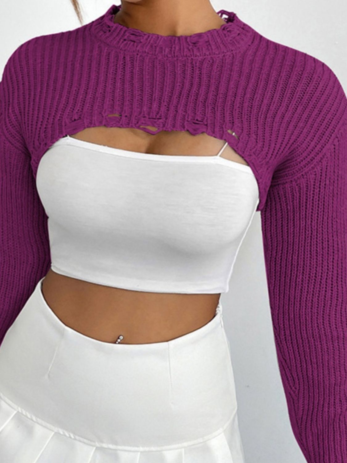 TastyHottie - Distressed Long Sleeve Cropped Sweater