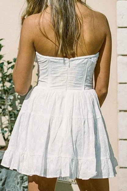 TastyHottie - White Lace Tie-up Strapless Tiered Dress