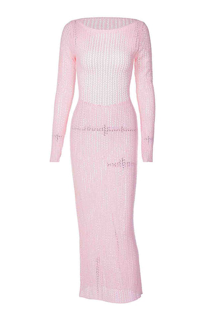 TastyHottie - Hollow Out Long Sleeve Backless Knitted Midi Dress