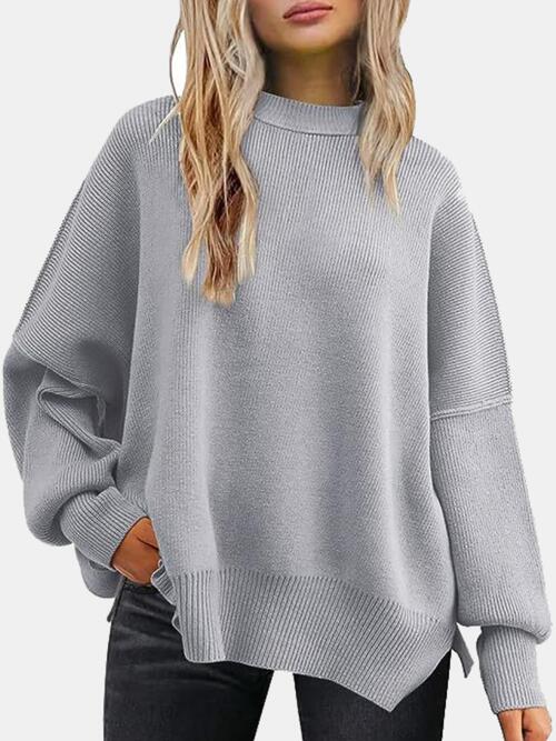 Round Neck Drop Shoulder Slit Sweater Charcoal clothes R.T.S.C Ship From Overseas Sweater sweaters Sweatshirt