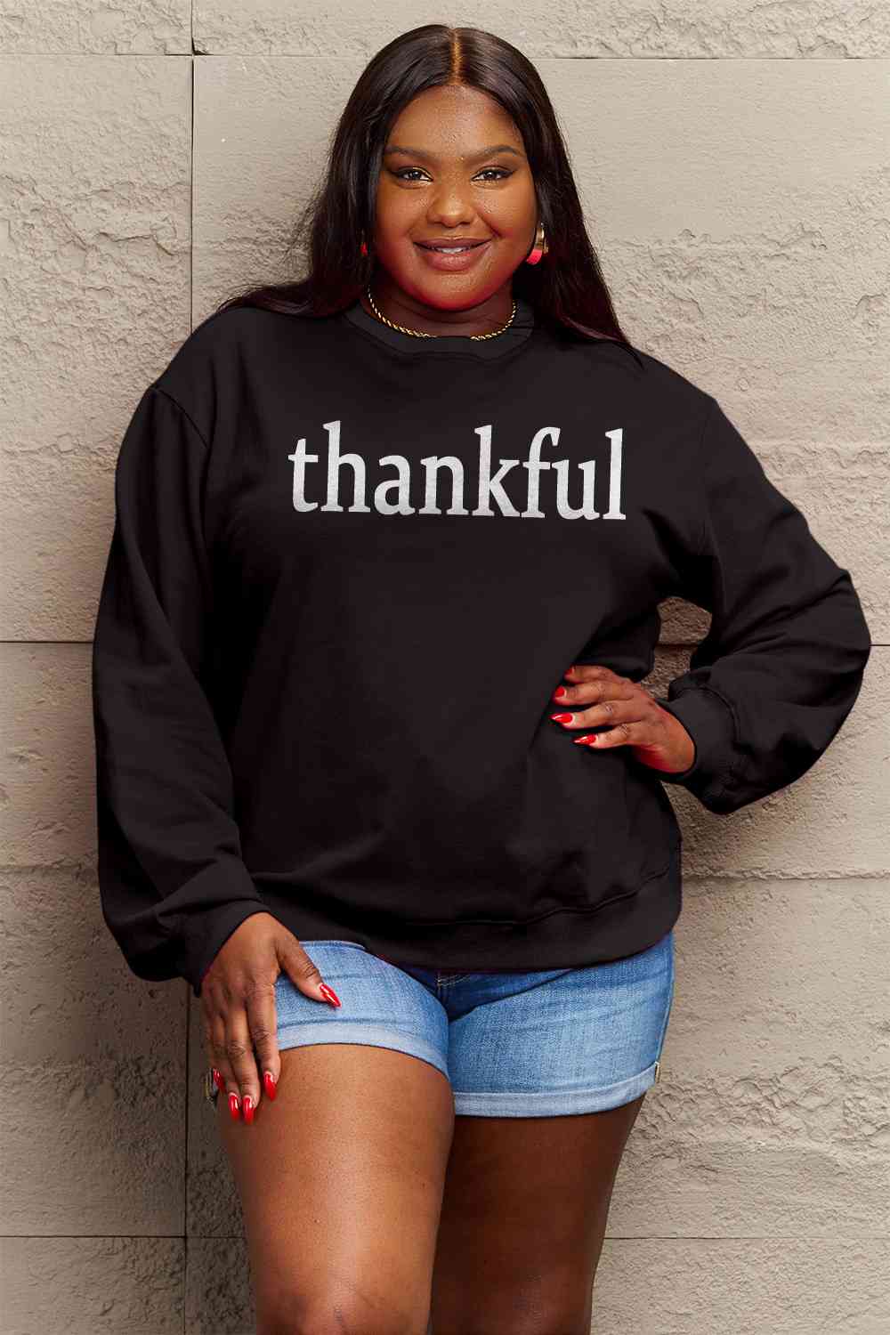 Simply Love Full Size THANKFUL Graphic Sweatshirt Black clothes Ship From Overseas Shipping Delay 09/29/2023 - 10/04/2023 Simply Love sweater sweaters