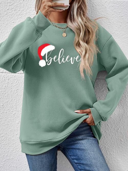 BELIEVE Graphic Long Sleeve Holiday Christmas Sweatshirt Sage Changeable christmas sweater clothes Ship From Overseas