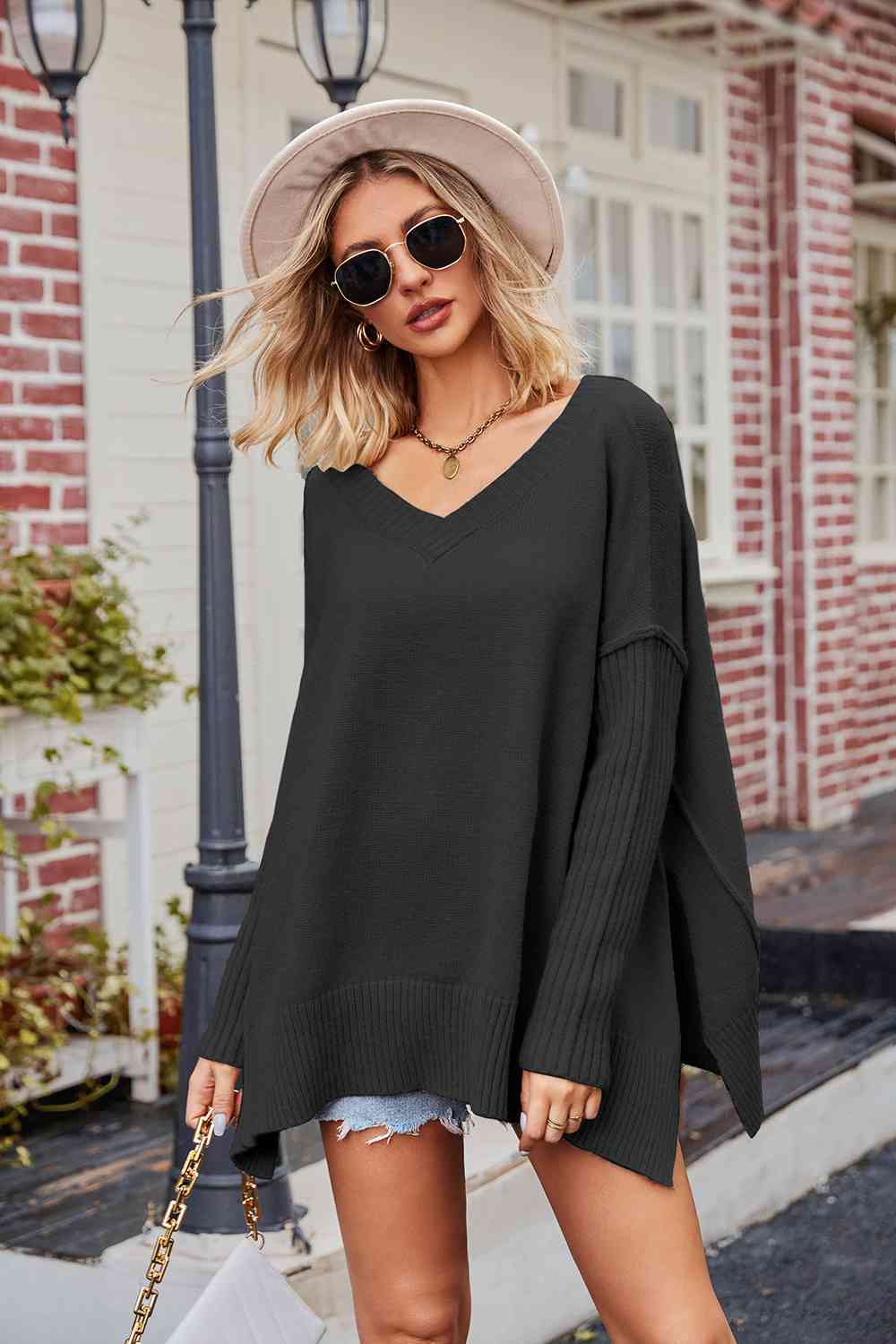 V-Neck Slit Exposed Seam Sweater Black Cardigan clothes SF Knit Ship From Overseas Sweater Sweaters