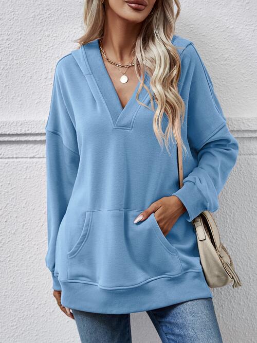 V-Neck Drop Shoulder Long Sleeve Hoodie Pastel Blue Changeable clothes Ship From Overseas Sweater sweaters