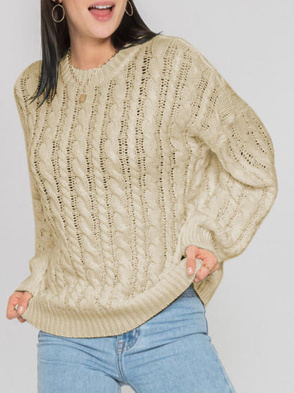 TastyHottie - Openwork Round Sleeve Cable-Knit Sweater