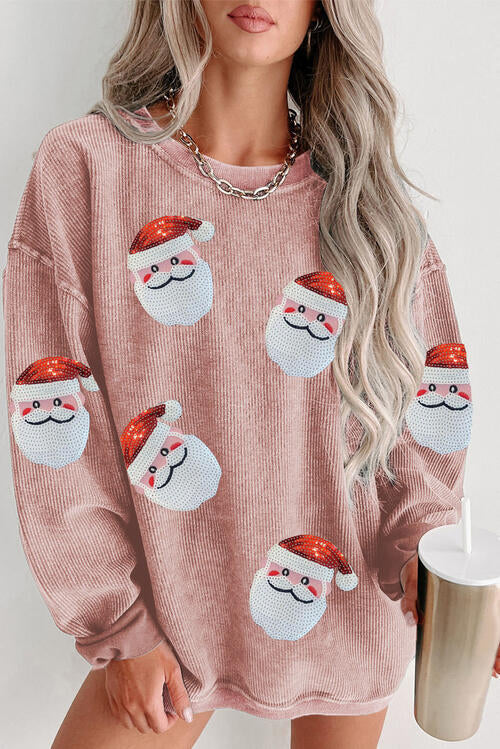 Sequin Santa Patch Ribbed Sweatshirt, Christmas Sweater Blush Pink christmas sweater clothes Ship From Overseas Sweater sweaters SYNZ