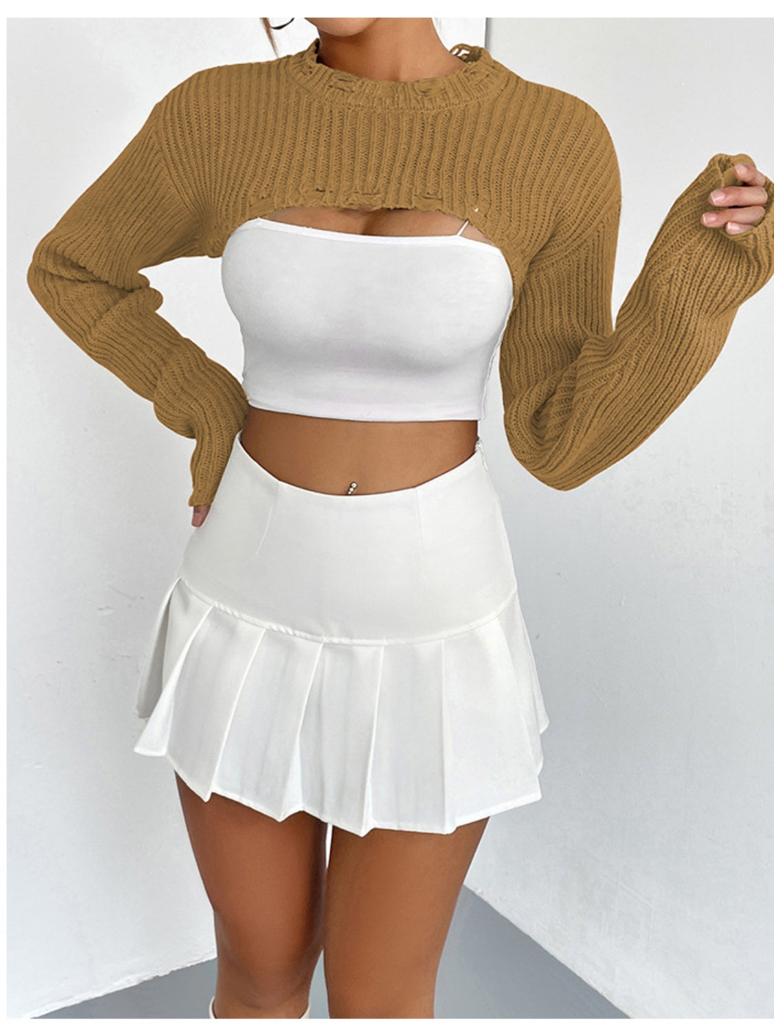 Distressed Long Sleeve Cropped Sweater Tan clothes Ship From Overseas Sweater sweaters Yh