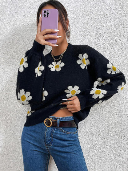 TastyHottie - Flower Round Neck Latern Sleeve Sweater