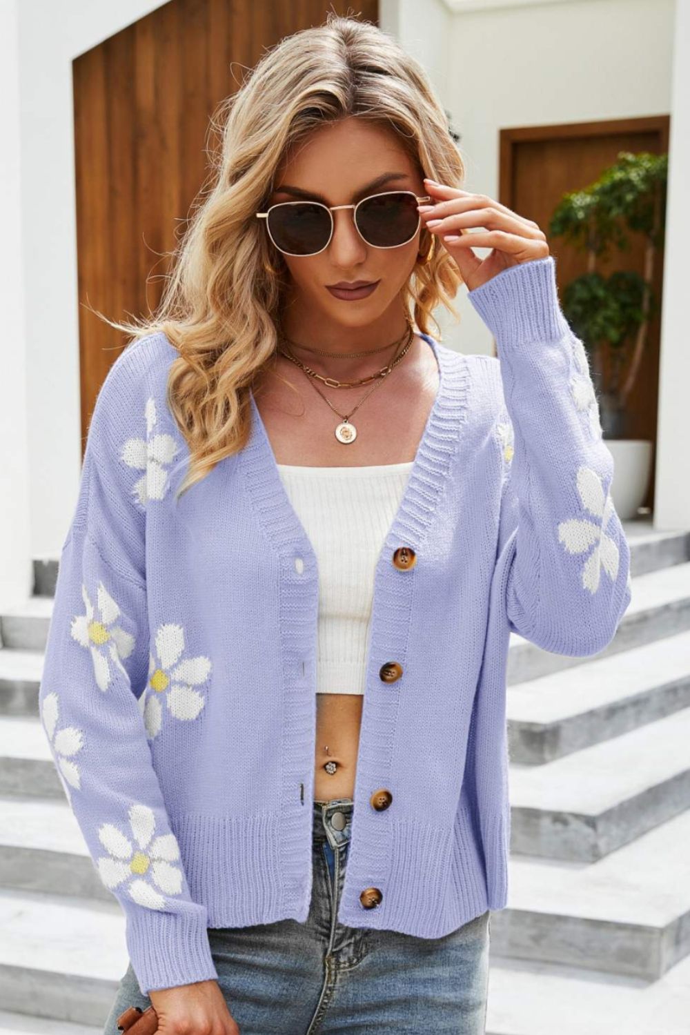 Floral Ribbed Trim Drop Shoulder Cardigan Lilac cardigan cardigans clothes Ship From Overseas sweater sweaters Yh