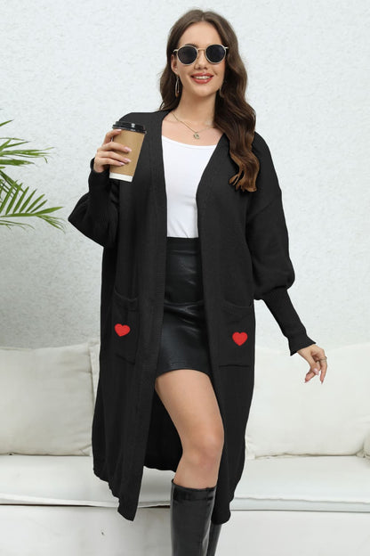 Lantern Sleeve Open Front Pocketed Cardigan with hearts Black One Size cardigan cardigans clothes O & Y.M Ship From Overseas Sweater sweaters trend