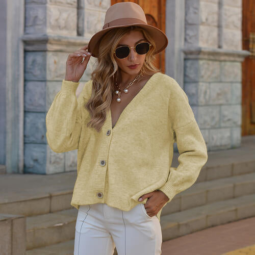 Button Up V-Neck Long Sleeve Sweater Cardigan Pastel Yellow cardigan cardigans clothes Romantichut Ship From Overseas sweater sweaters Sweatshirt