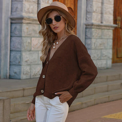 Button Up V-Neck Long Sleeve Sweater Cardigan Chestnut cardigan cardigans clothes Romantichut Ship From Overseas sweater sweaters Sweatshirt