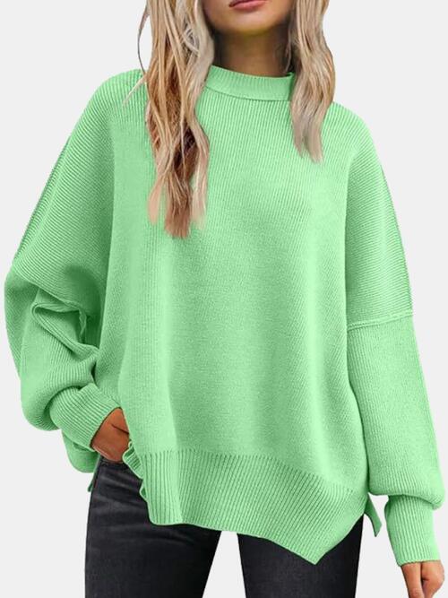 Round Neck Drop Shoulder Slit Sweater Mint Green clothes R.T.S.C Ship From Overseas Sweater sweaters Sweatshirt