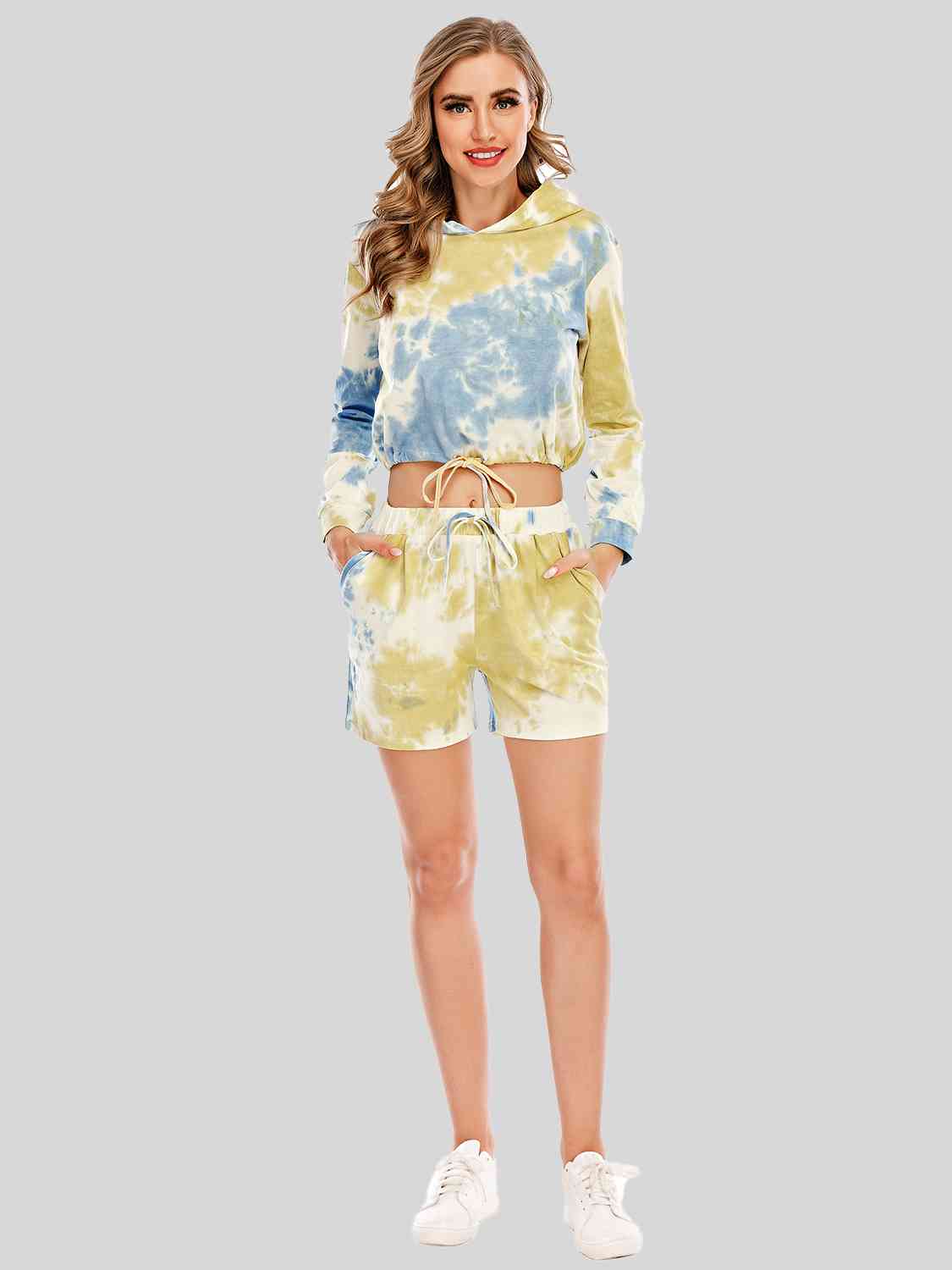 Tie-Dye Drawstring Hooded Top and Shorts Set Pastel Blue clothes H#Y lounge lounge wear lounge wear sets loungewear loungewear sets sets Ship From Overseas sweater sweaters