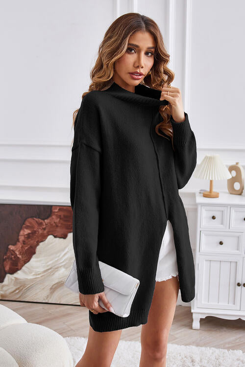 Exposed Seam Mock Neck Slit Sweater Black clothes SF Knit Ship From Overseas Sweater sweaters