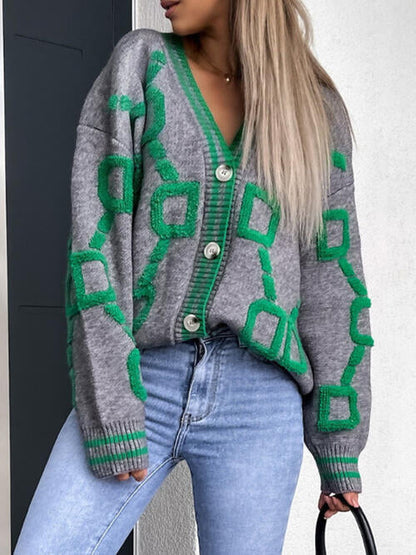 TastyHottie - Geometric Dropped Shoulder Button Down Sweater Cardigan