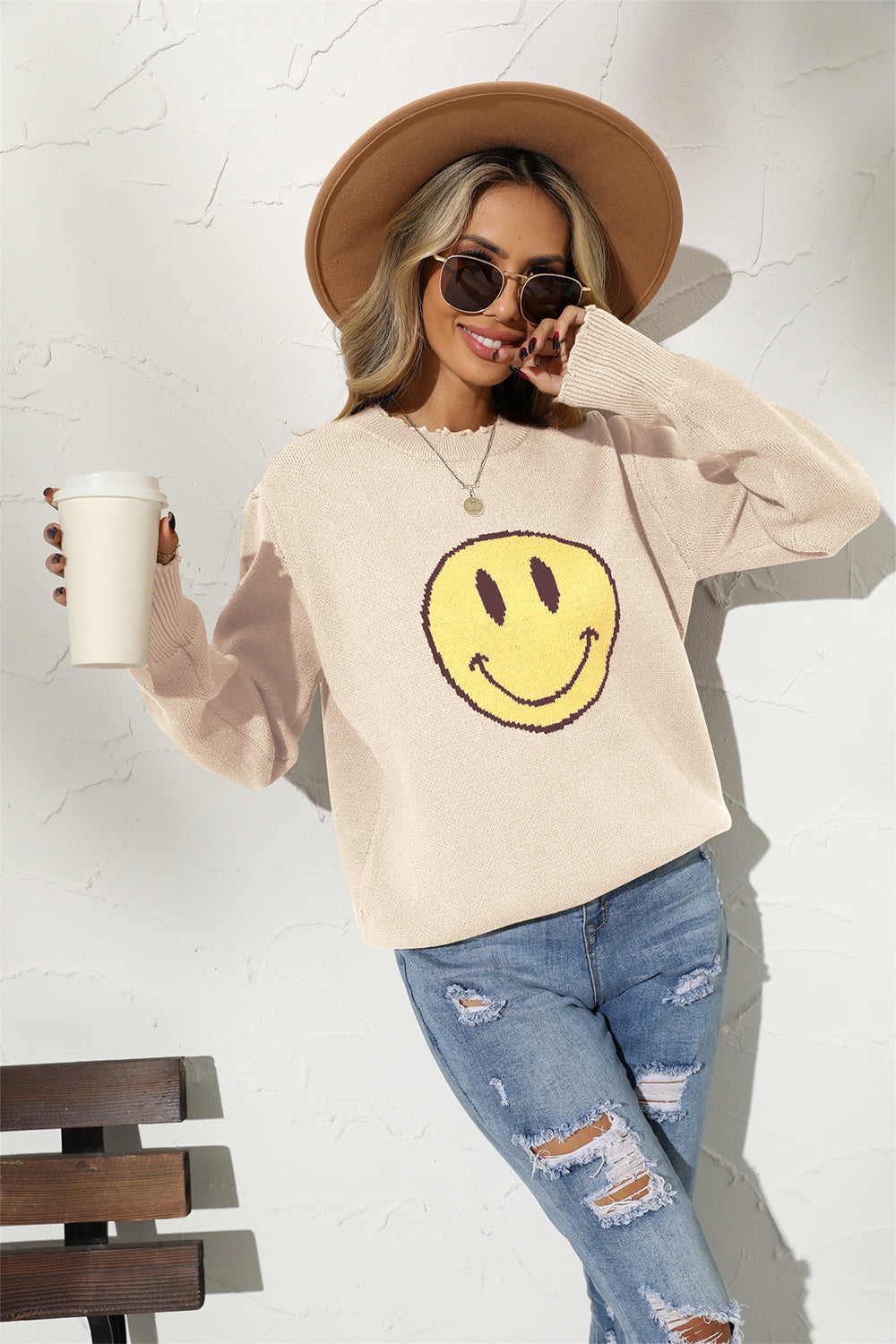 TastyHottie - Round Neck Long Sleeve Smily Face Graphic Sweater