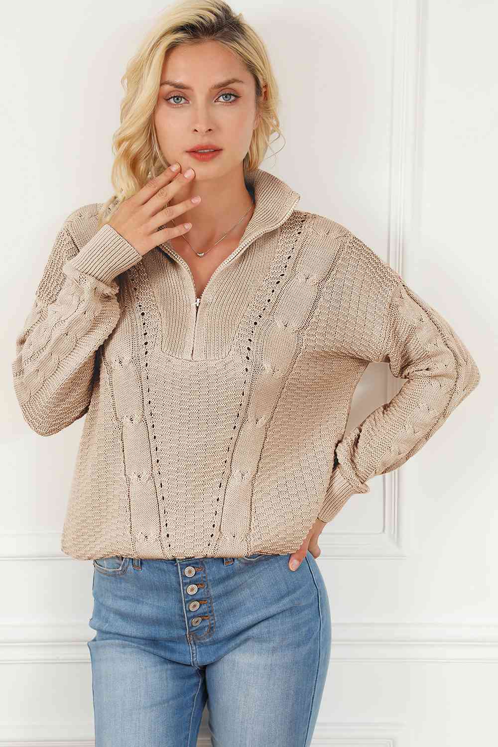 TastyHottie - Cable-Knit Half Zip Long Sleeve Sweater