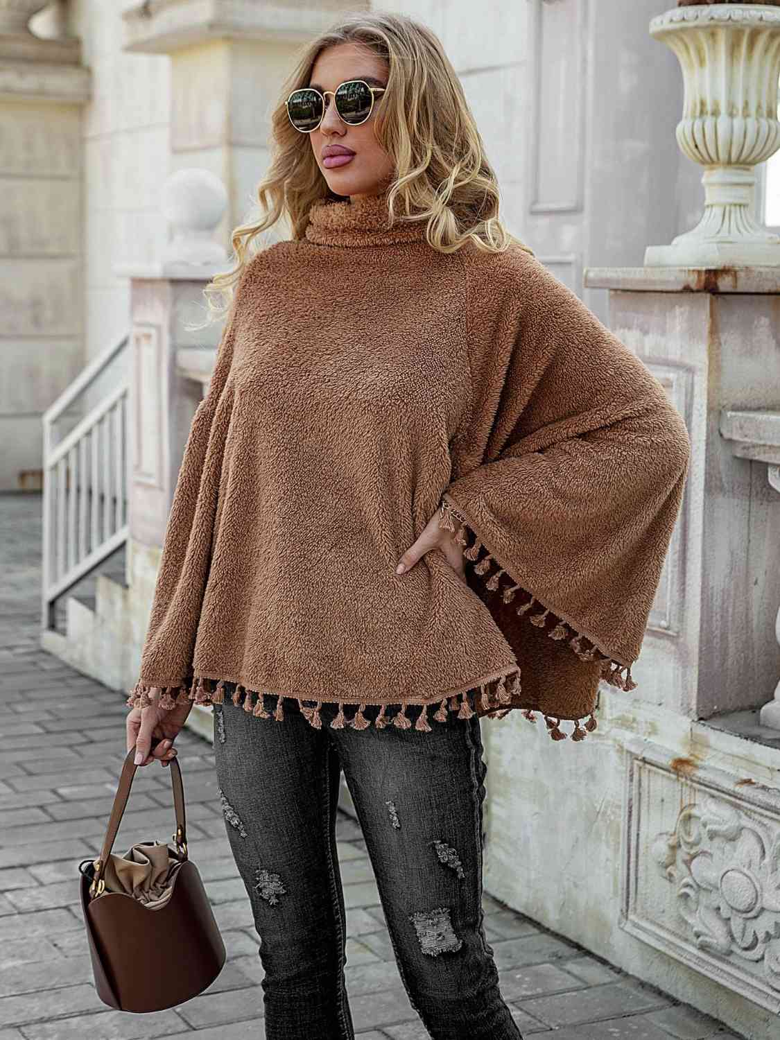 TastyHottie - Full Size Turtleneck Tassel Hem Poncho