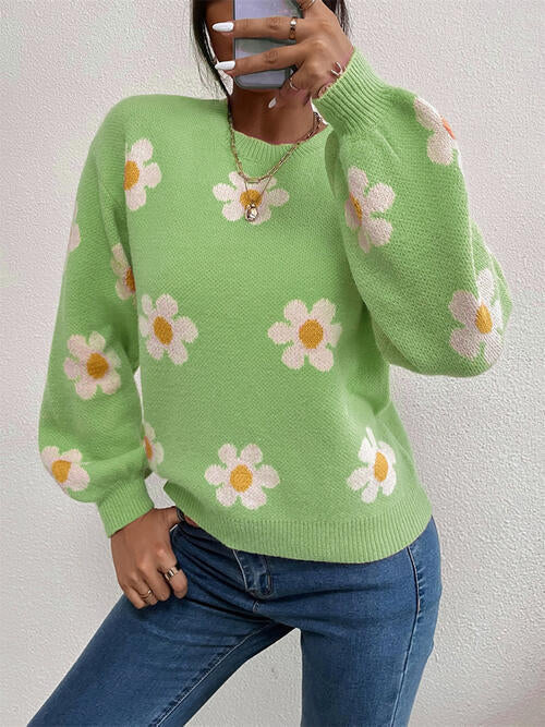 TastyHottie - Flower Round Neck Latern Sleeve Sweater