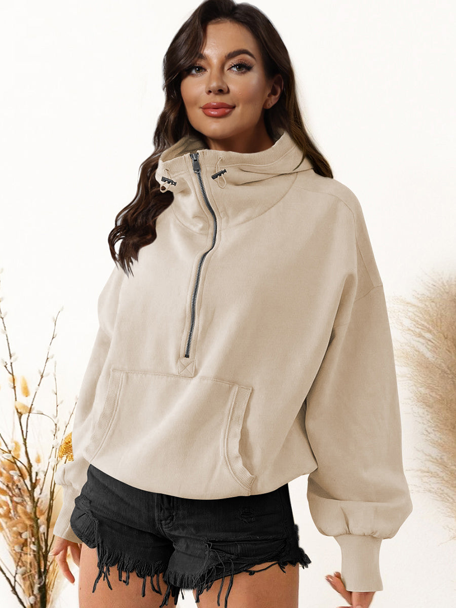 Zip-Up Dropped Shoulder Hoodie Beige clothes hoodie long sleeve MDML Ship From Overseas Shipping Delay 09/29/2023 - 10/02/2023 sweater sweaters Sweatshirt trend