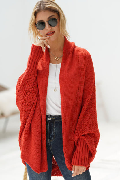 Double Take Dolman Sleeve Open Front Ribbed Trim Longline Cardigan Red One Size cardigan cardigans clothes Double Take Ship From Overseas sweaters