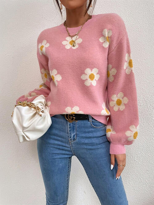 Flower Round Neck Latern Sleeve Sweater Dusty Pink clothes Ship From Overseas sweater sweaters Sweatshirt X.W