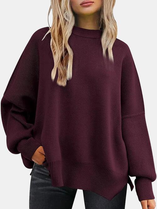 Round Neck Drop Shoulder Slit Sweater Wine clothes R.T.S.C Ship From Overseas Sweater sweaters Sweatshirt