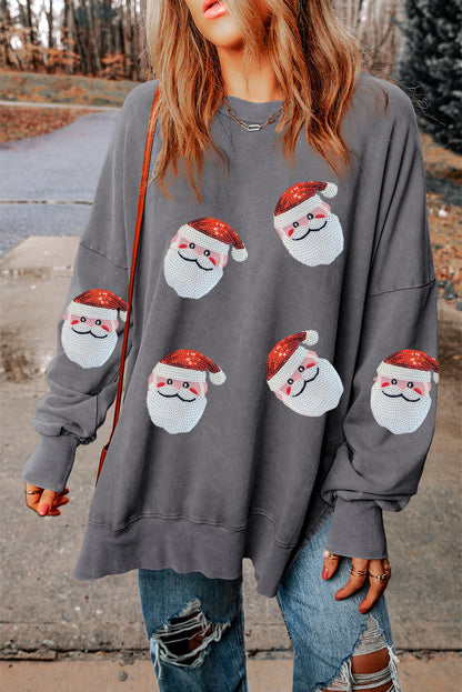 Sequin Santa Round Neck Slit Christmas Sweatshirt Charcoal Christmas christmas sweater clothes Ship From Overseas sweater sweaters Sweatshirt SYNZ