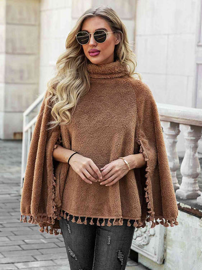 Full Size Turtleneck Tassel Hem Poncho Caramel clothes M@G@G poncho Ship From Overseas sweater sweaters