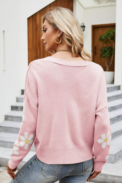 TastyHottie - Floral Ribbed Trim Drop Shoulder Cardigan