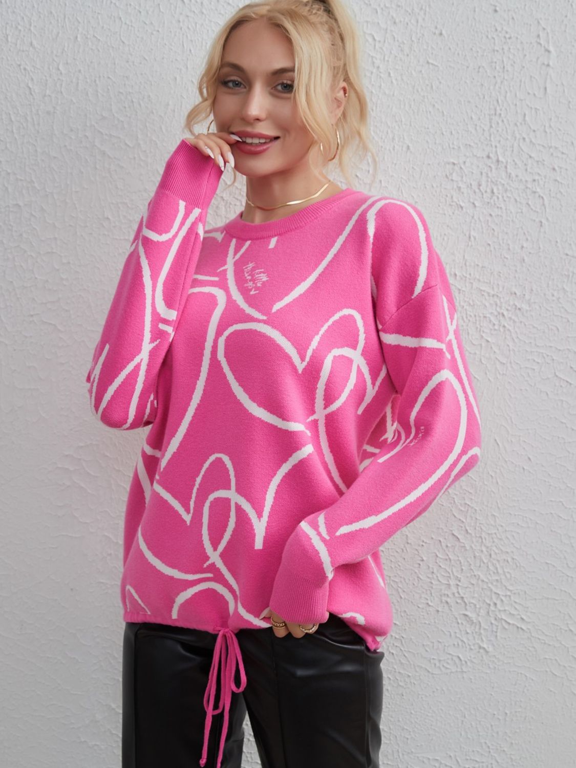 Heart Pattern Drawstring Hem Sweater Hot Pink One Size clothes H.Y@Maozhi Ship From Overseas Shipping Delay 10/01/2023 - 10/03/2023 sweater sweaters