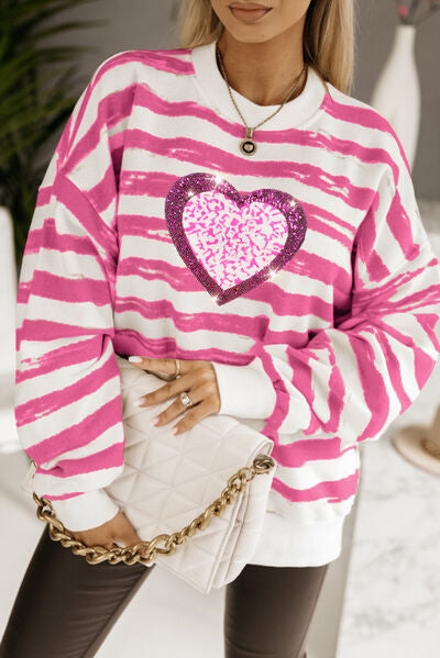 TastyHottie - Heart Sequin Striped Dropped Shoulder Sweatshirt