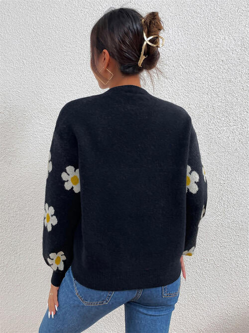 TastyHottie - Flower Round Neck Latern Sleeve Sweater