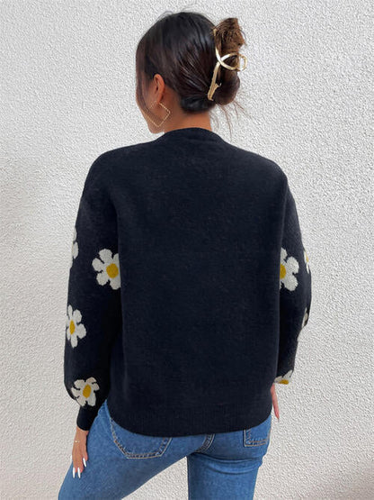 TastyHottie - Flower Round Neck Latern Sleeve Sweater