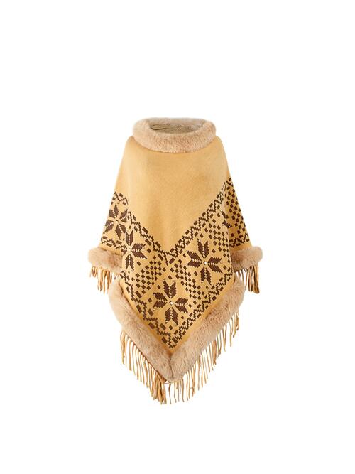 Fringe Geometric Cape Sleeve Poncho Tan One Size christmas sweater clothes Drizzle poncho Ship From Overseas Sweater sweaters