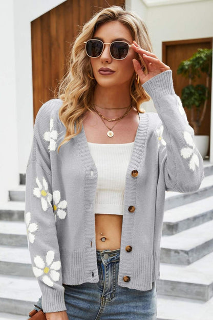 Floral Ribbed Trim Drop Shoulder Cardigan Gray cardigan cardigans clothes Ship From Overseas sweater sweaters Yh