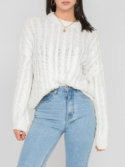 Openwork Round Sleeve Cable-Knit Sweater White clothes Ship From Overseas sweater sweaters Sweatshirt X.W