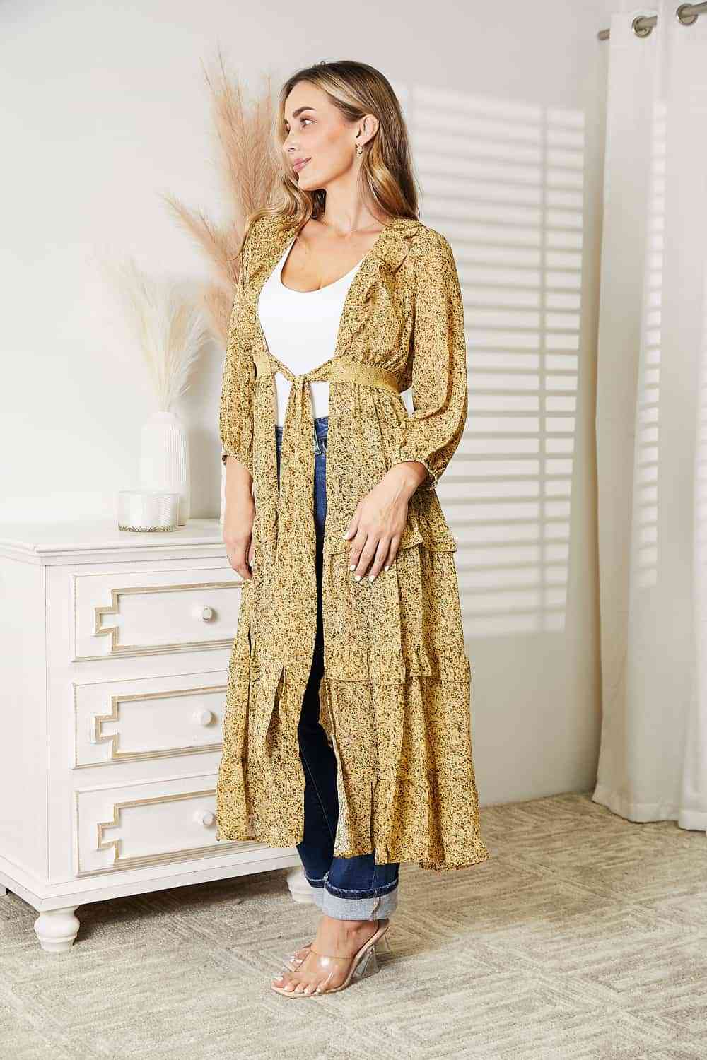 TastyHottie - HEYSON Full Size Tie Front Ruffled Duster Cardigan